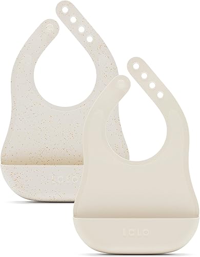 Lalo The Bib - Babero de silicona impermeable y no tóxico con banda ajustable para el cuello y recogedor de bolsas de alimentos de silicona, juego