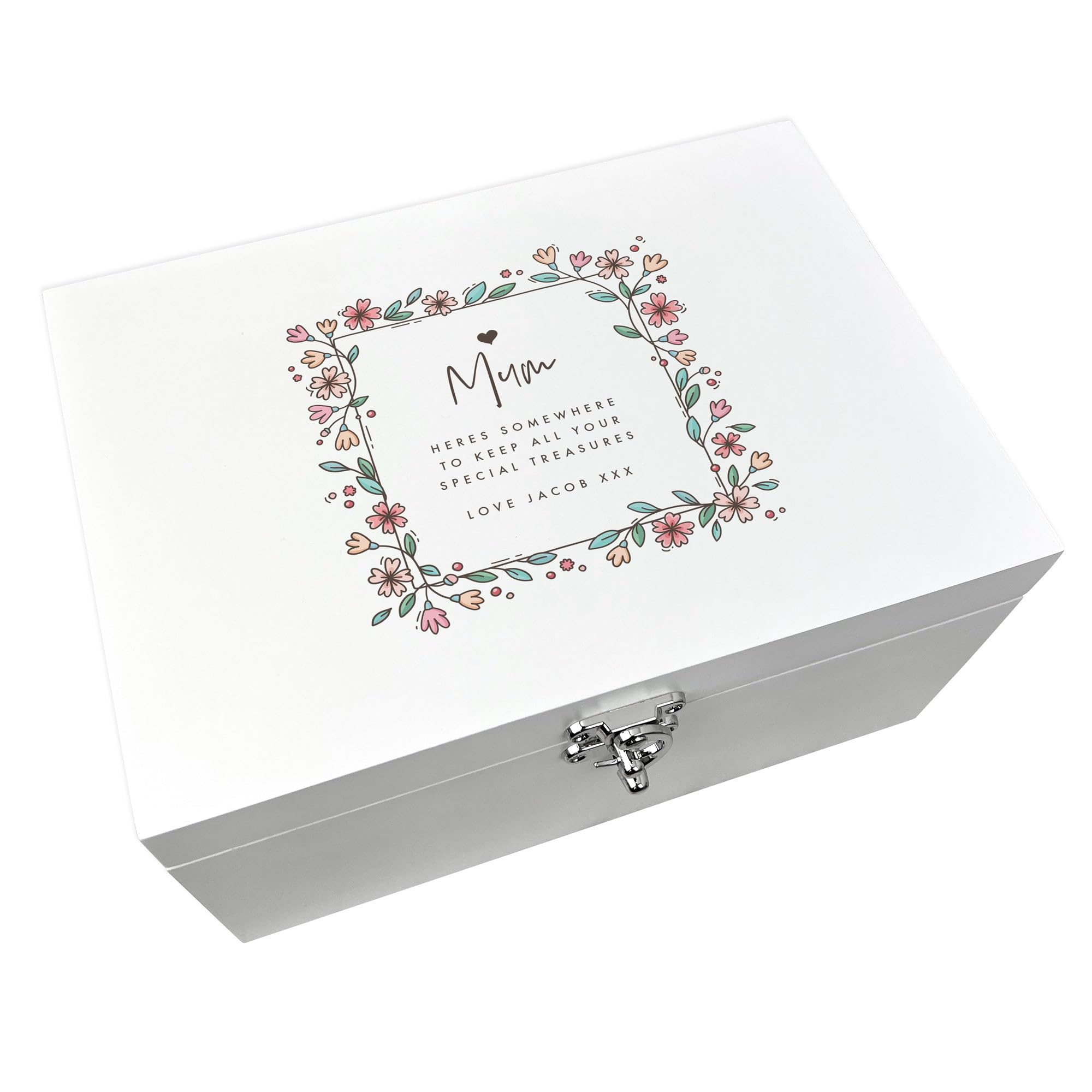 Personalised "Any Message" Flower Border White Wooden Keepsake Box | Mother's Day, Anniversary, Birthday Gift | 27 x 19 x 14cm