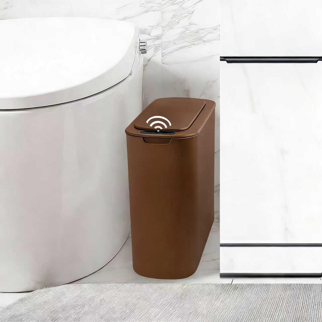 TIPGO Automatic Motion Sensor Bathroom Trash Can with Lid, 2.6 Gallon Touchless Trash Bin, Smart Garbage Can Plastic Slim Wastebasket for Bedroom, Office, Dorm (Orange)
