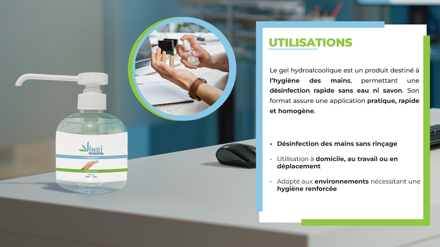 Vindi Désinfectant gel hydroalcoolique - Lot de 5 flacons pompe de 300ml - Fabrication Française - 76% d'alcool - Désinfection des mains - Virucide