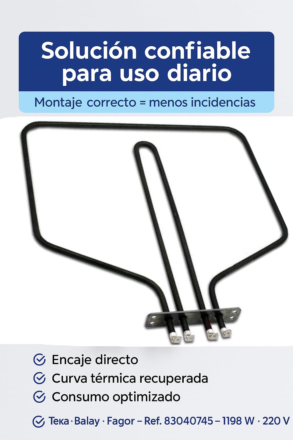 RECAMBIOS DREYMA Resistencia Solera Horno 83040745 Compatible con Teka Balay Fagor 1198W 220V Repuesto Base Calor Inferior Montaje Rapido Placa Fijacion Conectores Faston y Reparar Cocina