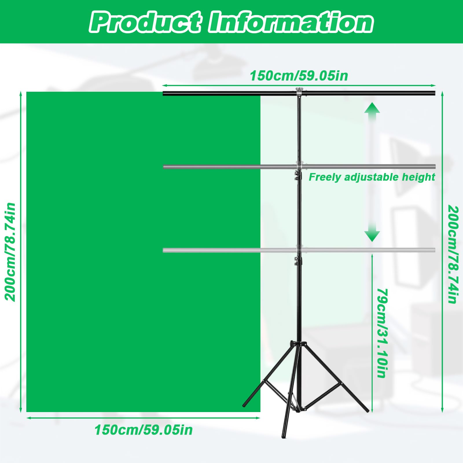 1,5x2m Kit Fond Vert avec Support, 5 Pinces et 1 Sac Rangement, Backdrop Photo Pliable Portable pour Studios Photographie/Vidéo, Streaming Direct, Youtube/TikTok, Jeux Vidéo et Réunions Zoom