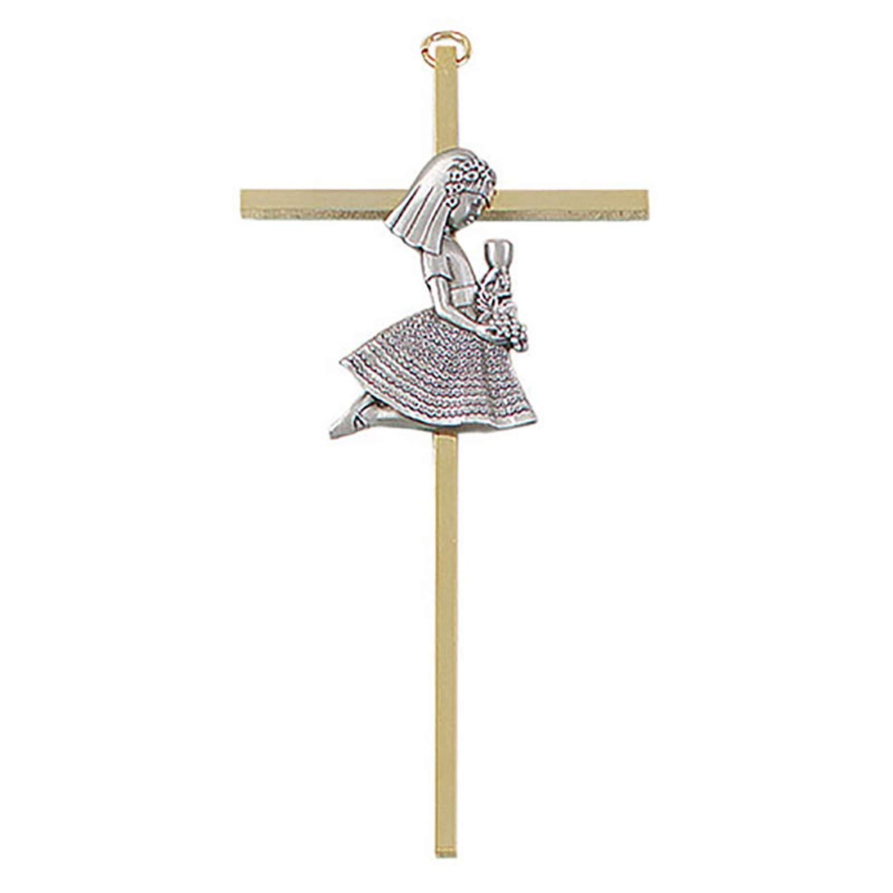Gold Toned aand Pewter First Communion Decorative Hanging Wall Cross for Girls, 7 Inch