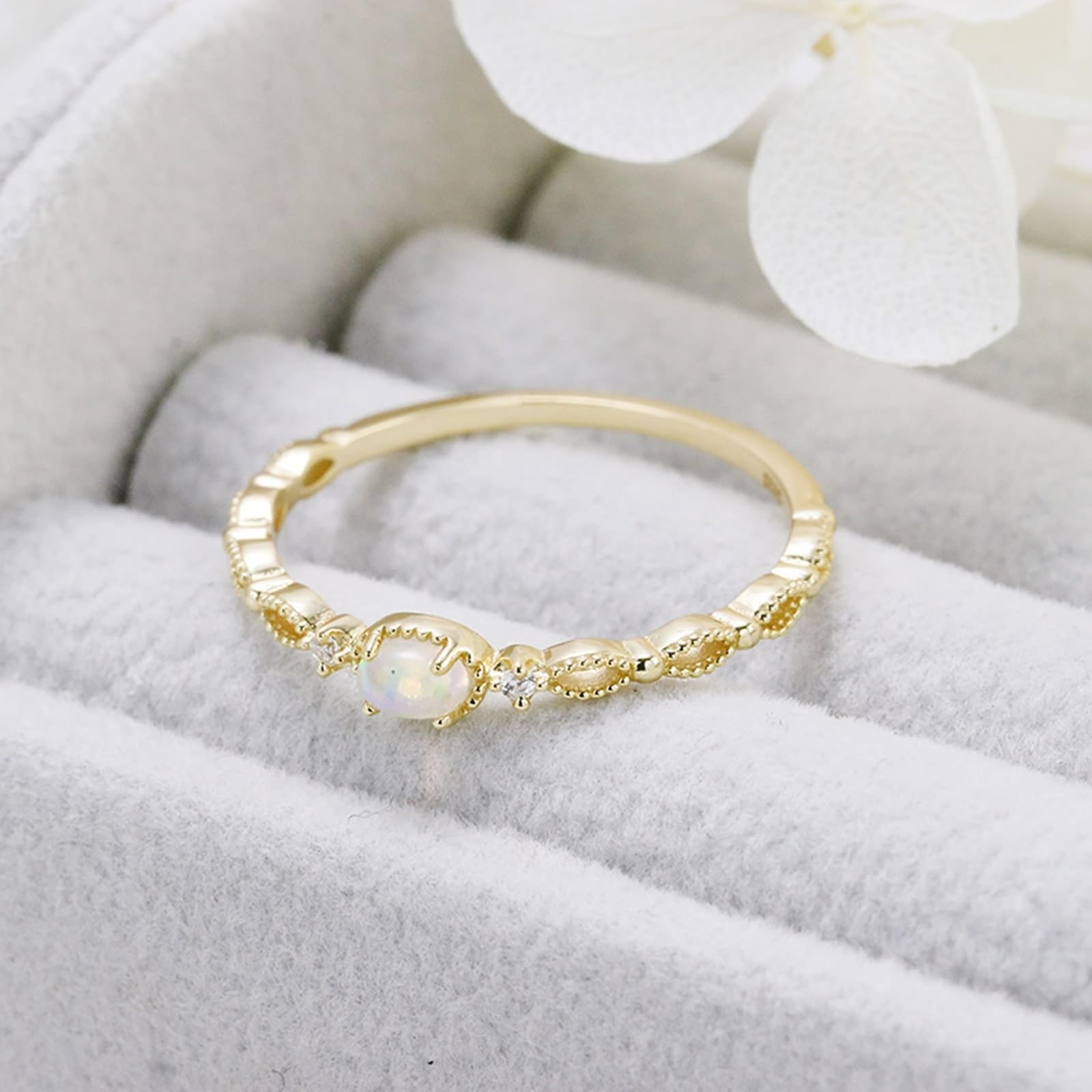 Anillo de boda oro 9 K/14 K/18 K con ópalo ovalado, elegante, filigrana pequeña