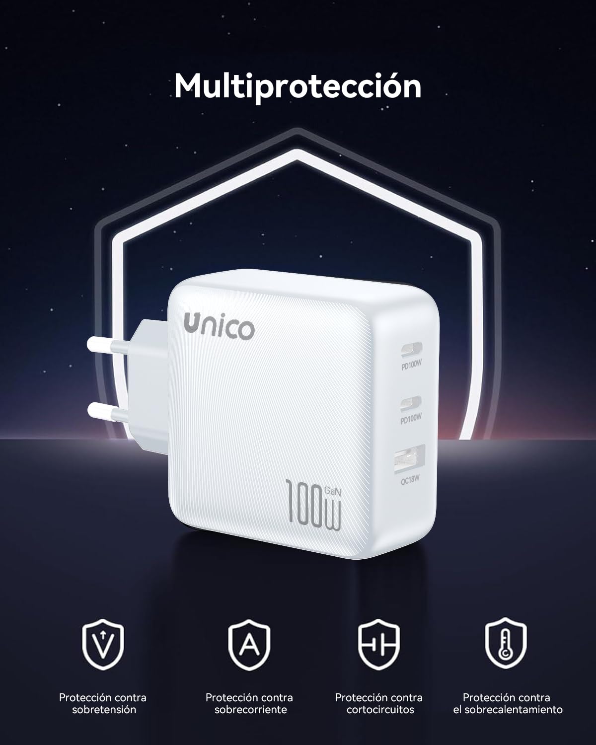 UNICO Cargador USB C 100 W, Carga Rápida Multidispositivo con 3 Puertos, Compatible con Samsung Galaxy S25/S24/S23,iPhone 17 Pro MAX Air/16/15/14/13, MacBook Pro/Air, iPad y Steam Deck