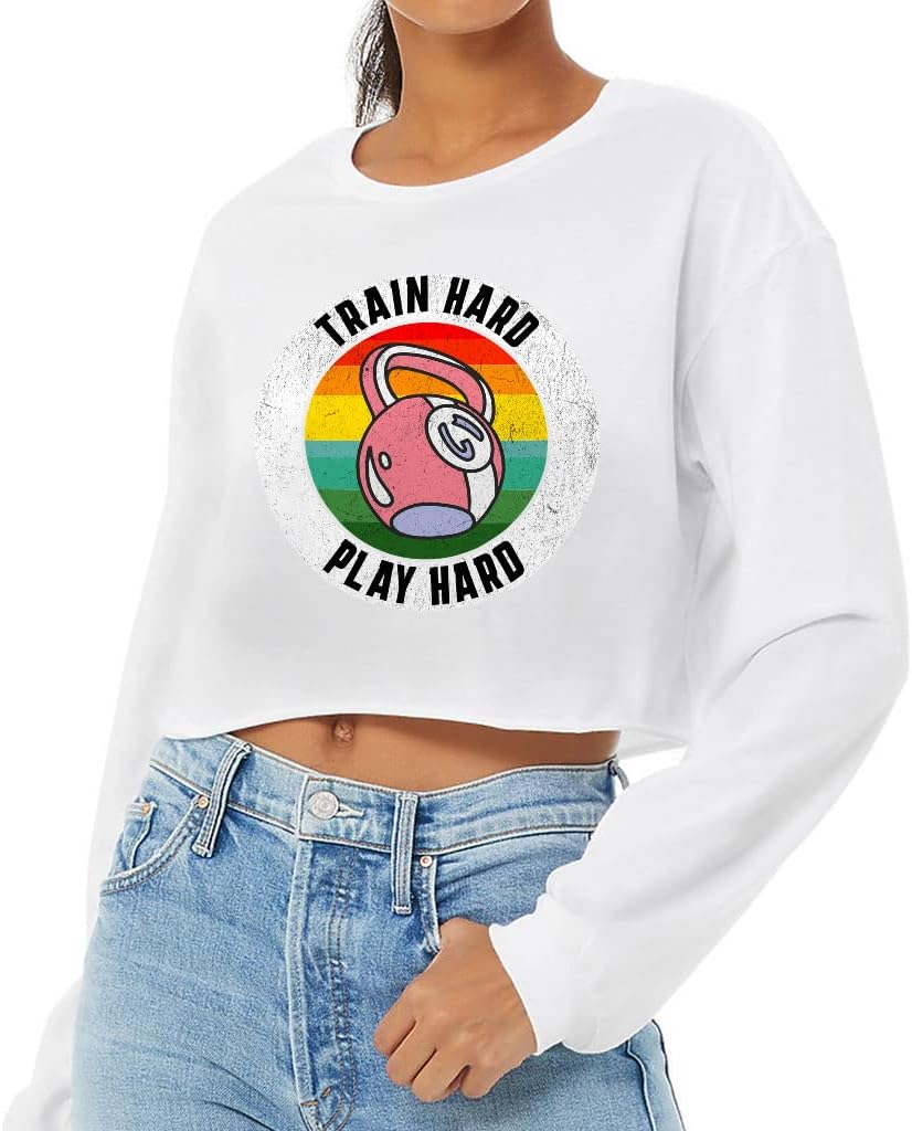 Train Hard Cropped Long Sleeve T-Shirt - Cool Women's T-Shirt - Retro Long Sleeve Tee