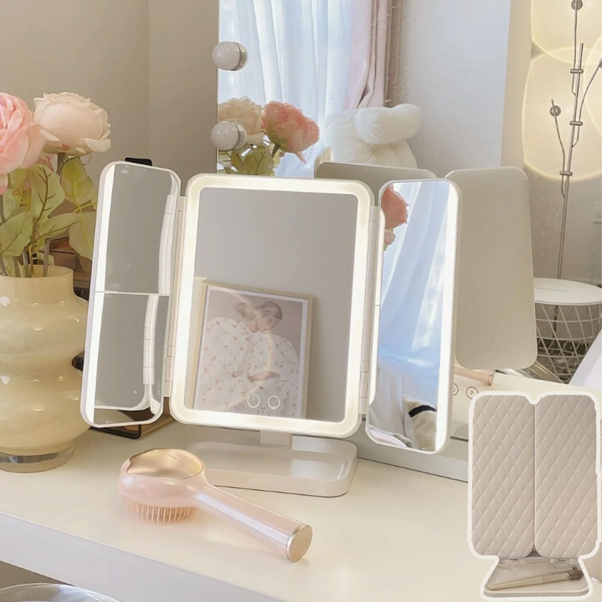 Lighted Makeup Mirror with 21 LED Lights, Trifold Vanity Mirror with 3X/2X/1X Magnification, Touch Screen, Dual Power Supply, 180 Degree Rotation Portable Mirrors for Travel (White)-image-8