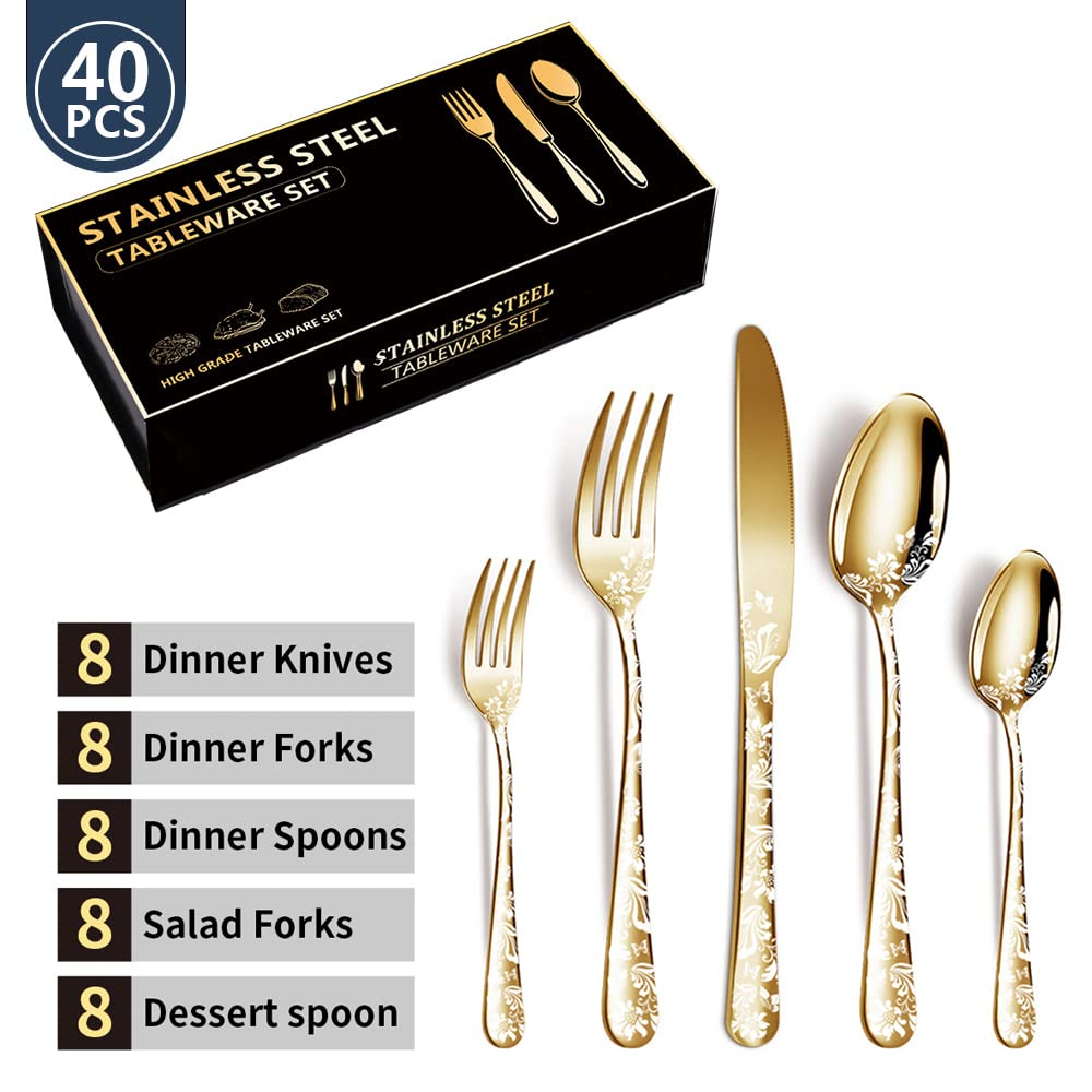 Fdit Juego de Cubiertos de 40 Piezas, Cubiertos de Acero Inoxidable con Hermoso Patrón para Uso Diario, Fiestas, Ligeros (Gold)