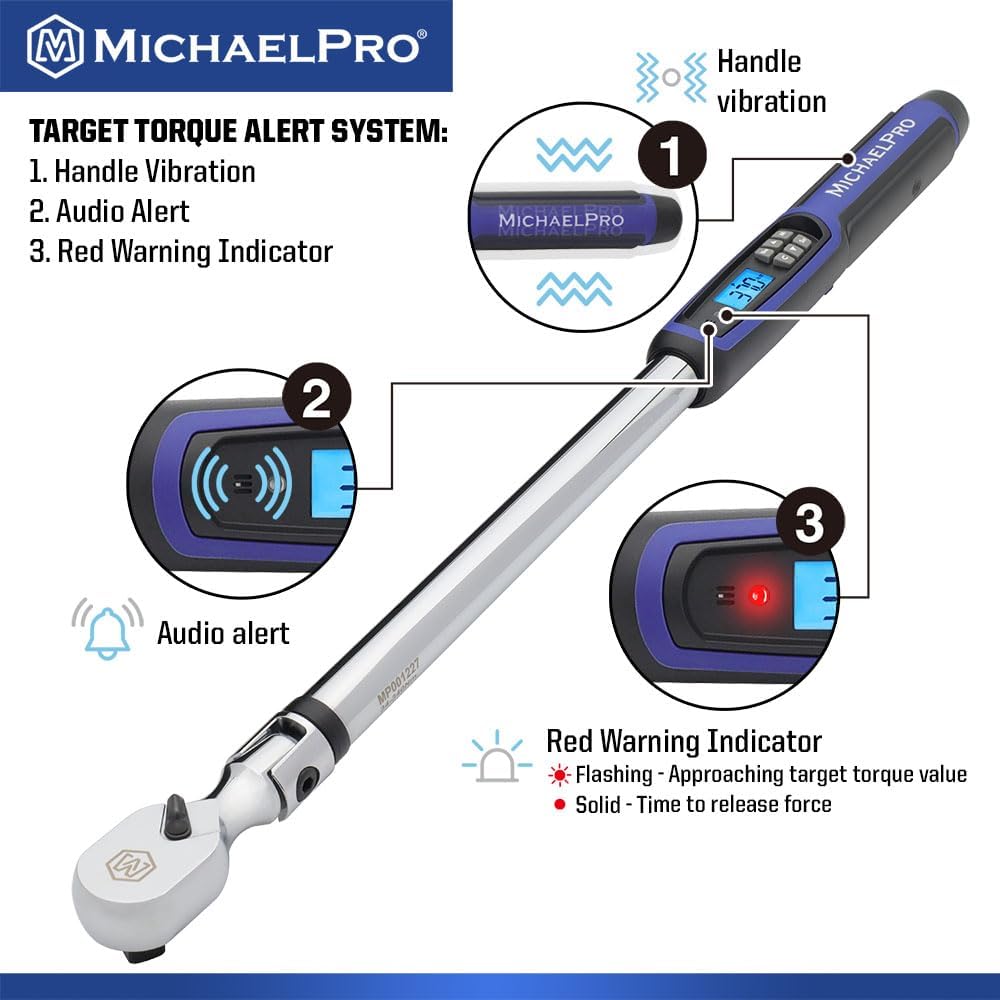 MichaelPro 1/2 Flex Head Digital Torque Wrench with Angle Function, 25 to 250 ft-lbs (34 to 340 Nm), Target Torque Multi-Alert System, 10 Available Presets | MP001227