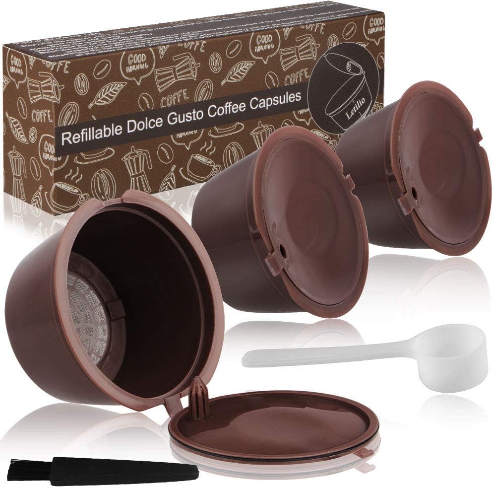 Nunalisa Coffee Capsule Refillable Reusable 3 pcs, Refillable Capsule Pod Compatible Filter Cups Coffee Pods for Dolce Gusto with 1 Plastic Spoon and 1 Cleaning Brush