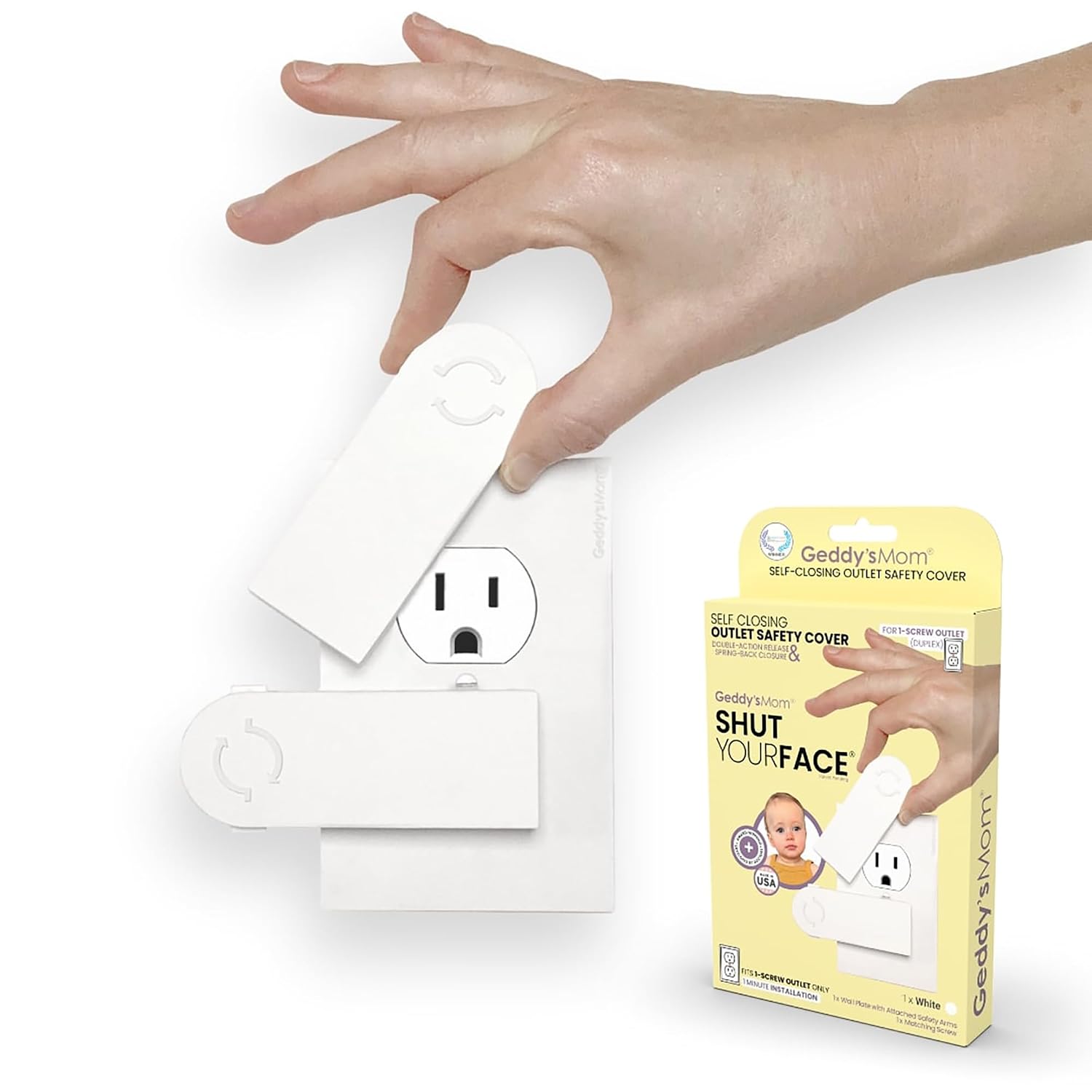 Baby Proofing for Electrical Safety for 1-Screw Outlets and USB Chargers - Bundle Includes Shut Your Face Self Closing Outlet Cover and Watch Your Mouth USB Charger Covers (Set of 3) in White