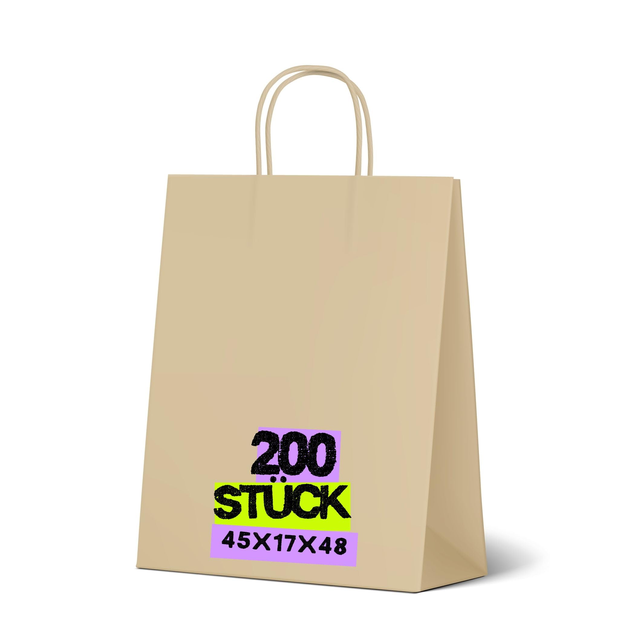 Inoverse 200 Stück Papiertüten mit Henkel 45+17x48 cm – stabile Kraftpapiertüten Braun mit Papierkordel, Geschenktüten & Papiertragetaschen für Einkauf, Geschenk, Party & DIY