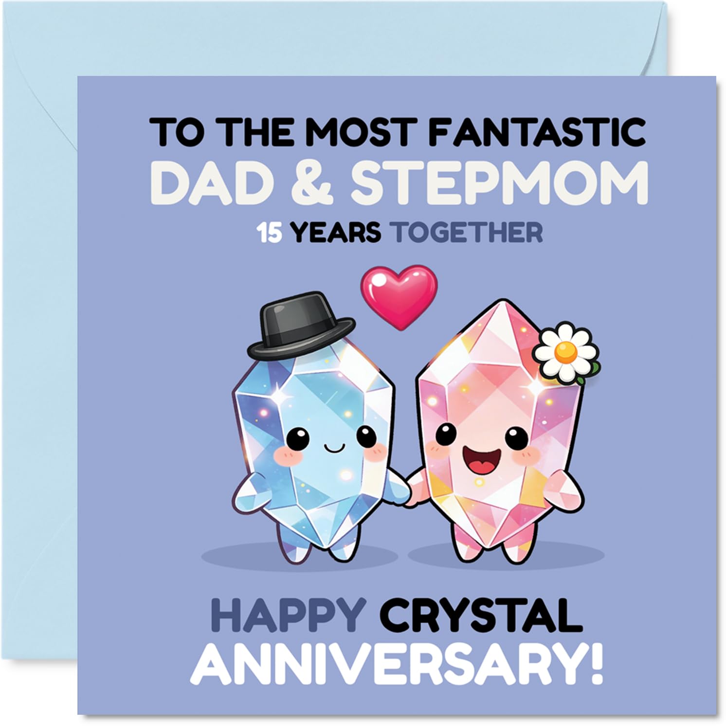 Playful 15th Anniversary Card for Stepmum & Dad - Celebrate Sparkling Love - Cute Crystal Characters in Blue and Pink - 145mm Square, Envelope Included
