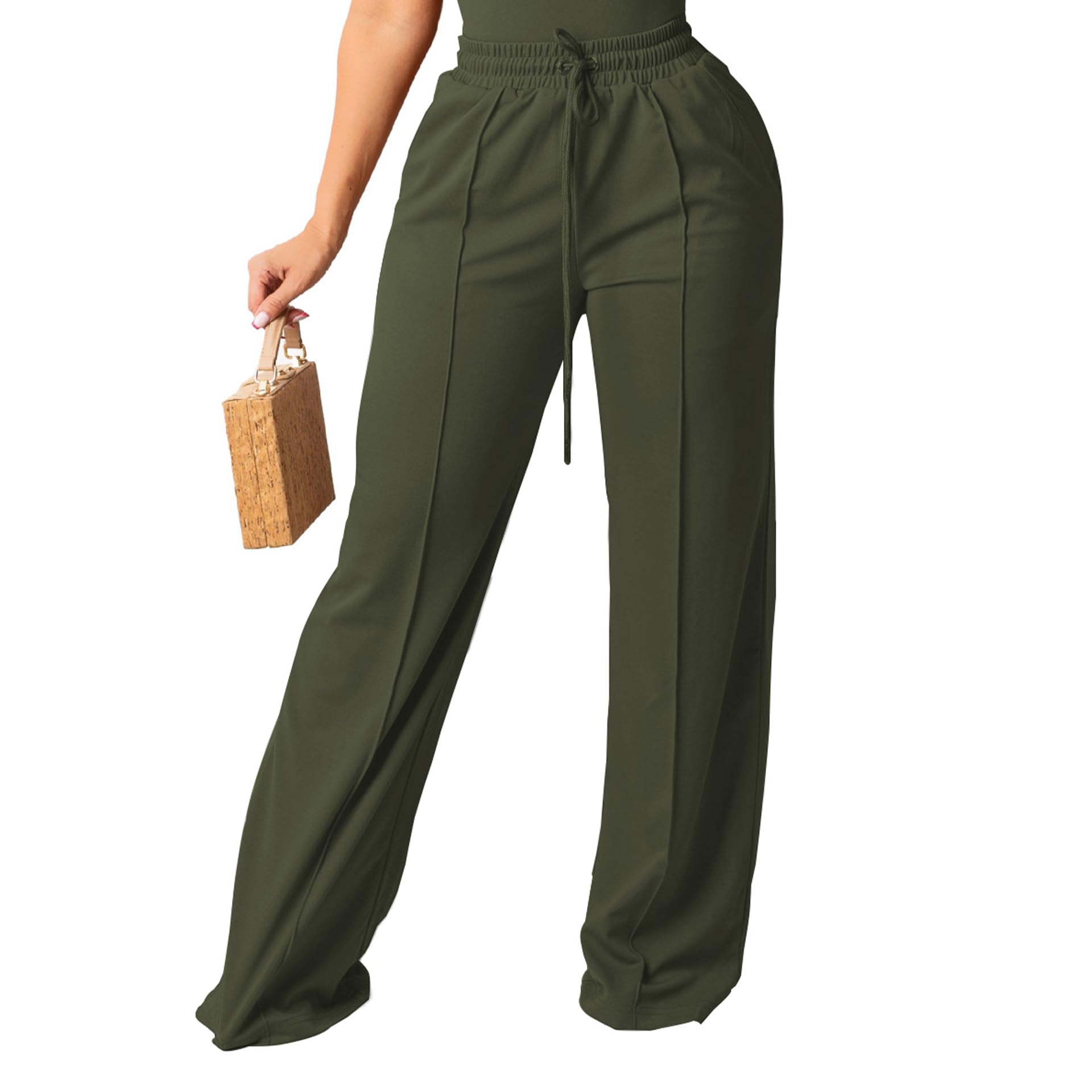 PINSV Women's Casual Wide Leg Pants High Waisted Drawstring Baggy Sweatpants Elastic Straight Leg Lounge Pants