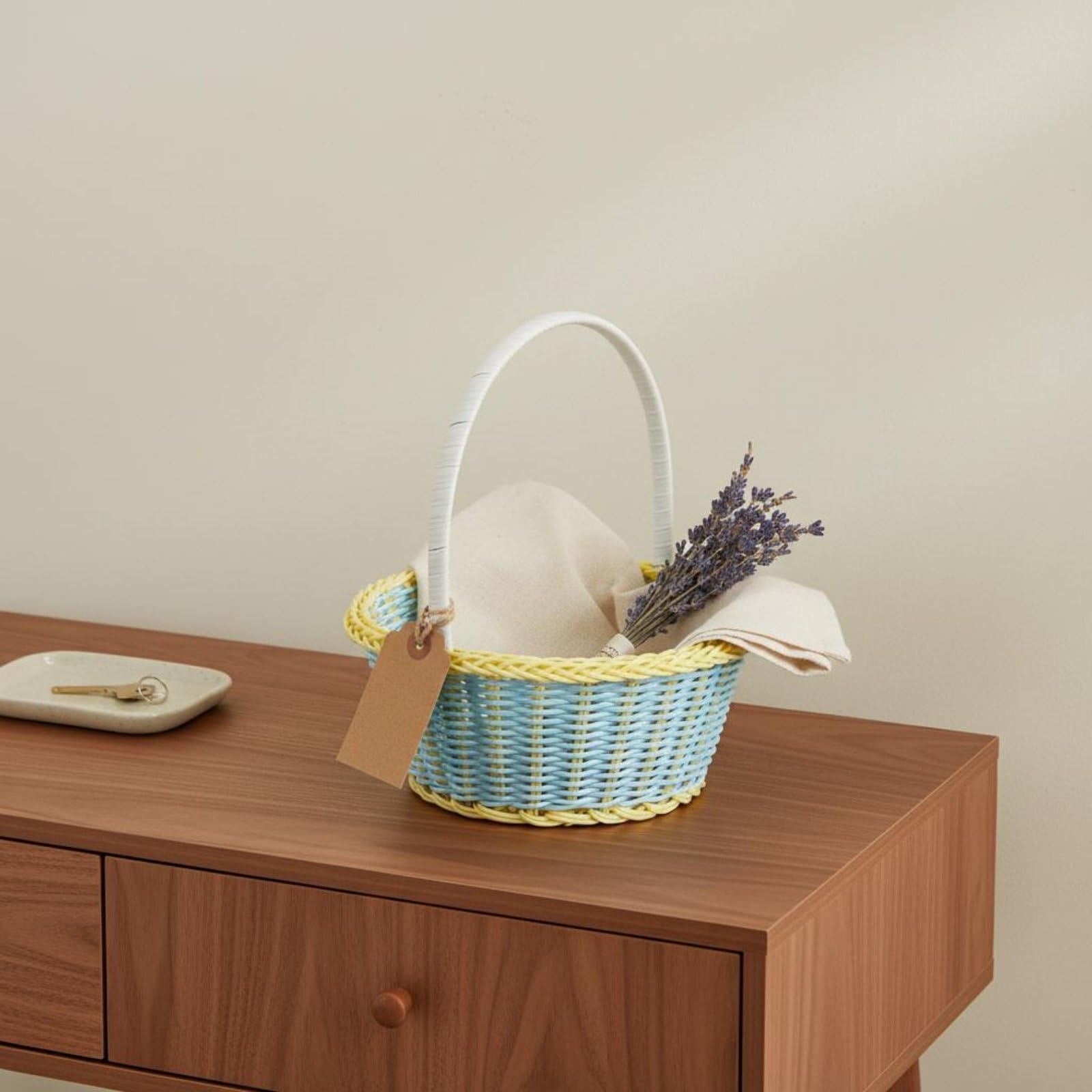 Cestino Intrecciato a Mano Cestino Portaoggetti Cestino Cestino con Manico in Rattan PP per Organizzazione Domestica E Allestimenti Accoglienti Adatto, Giallo E Blu, Media 20 17.5 21cm