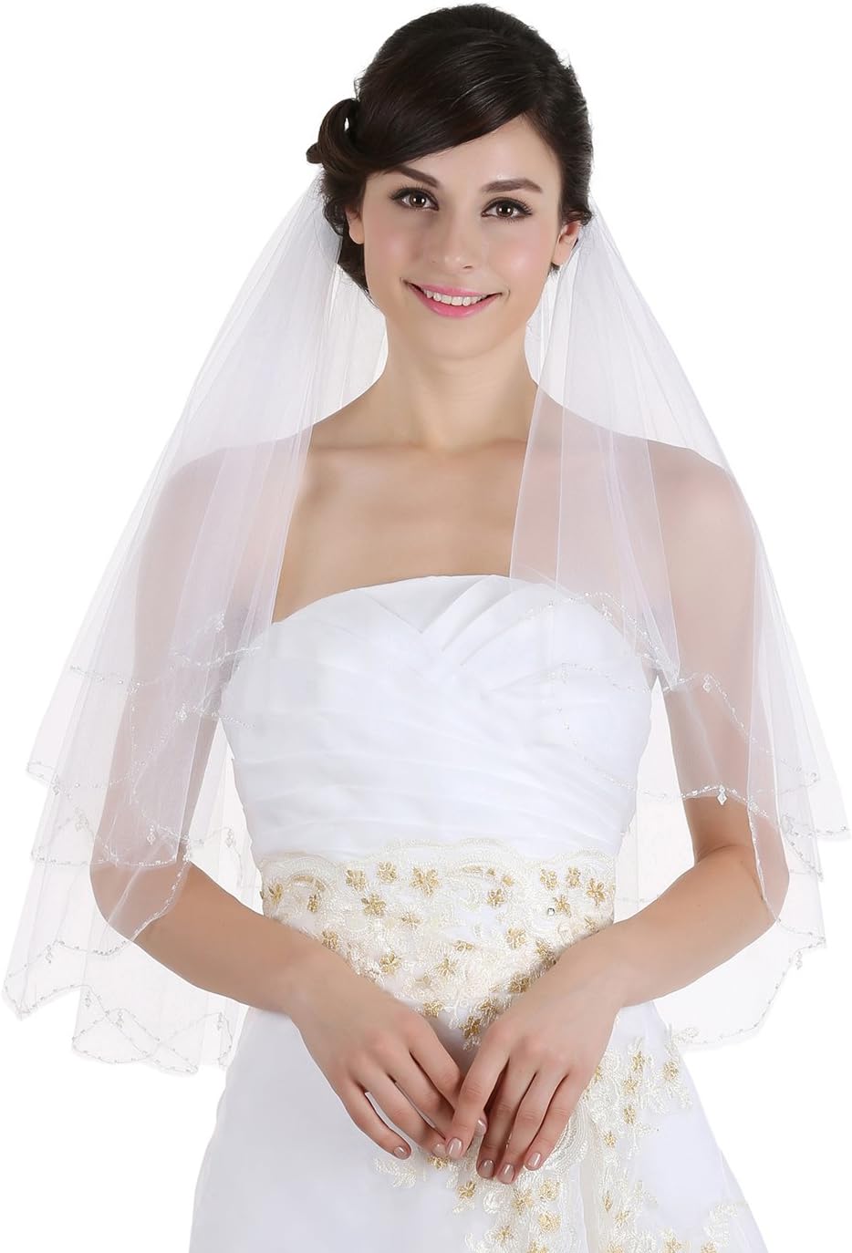 SAMKY 2T 2 Tier Scallop Edge Dangle Crystals Bridal Wedding Veil
