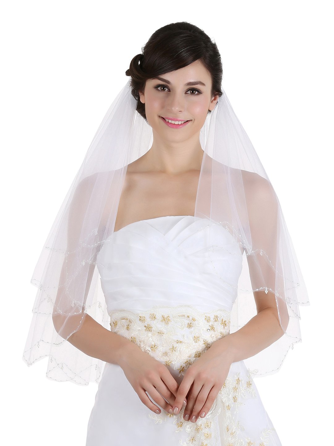 Samky2t 2 Tier Scallop Edge Dangle Crystals Bridal Wedding Veil