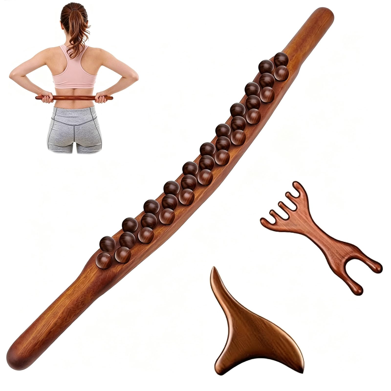 Gua Sha Wooden Therapy Stab, Massagestab Holz mit 31 Massageperlen | Dreieck-Massagegerät, Hirschhornkamm, Faszienstab Holz für Rücken, Nacken & Beine