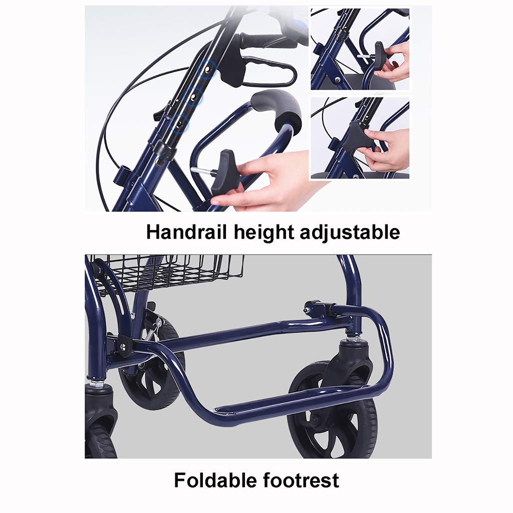Andador plegable para caminar, andador, rodador, carrito de la compra con asiento y freno de mano, para ancianos (azul) estrella de luz