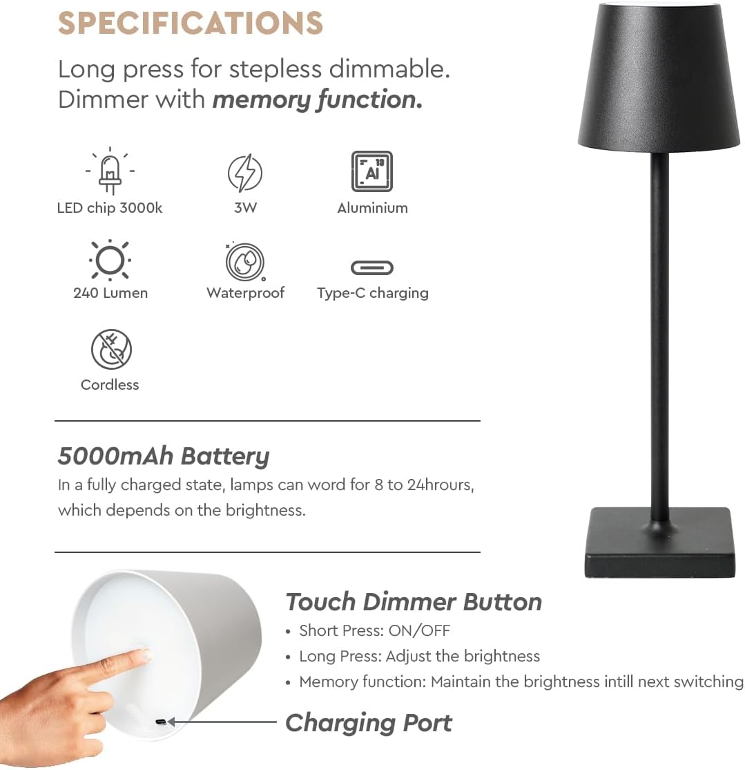IP54 Poldina Rechargeable Table Lamp,Cordless Waterproof LED Lamp,5200 mah,Dimmable 3 Level,Indoor/Outdoor (Gold)