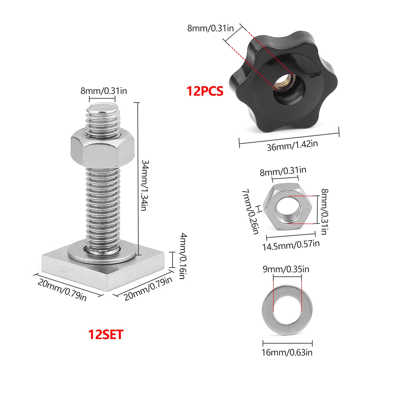 JJWNMLL T track adapter bolts head 20x20 mm square sliding blocks,t-nut adaptors bolts carbon steel roof rack accessories with Screw Nuts (M8 T-slot + star knob nut-12pcs) - Image 2