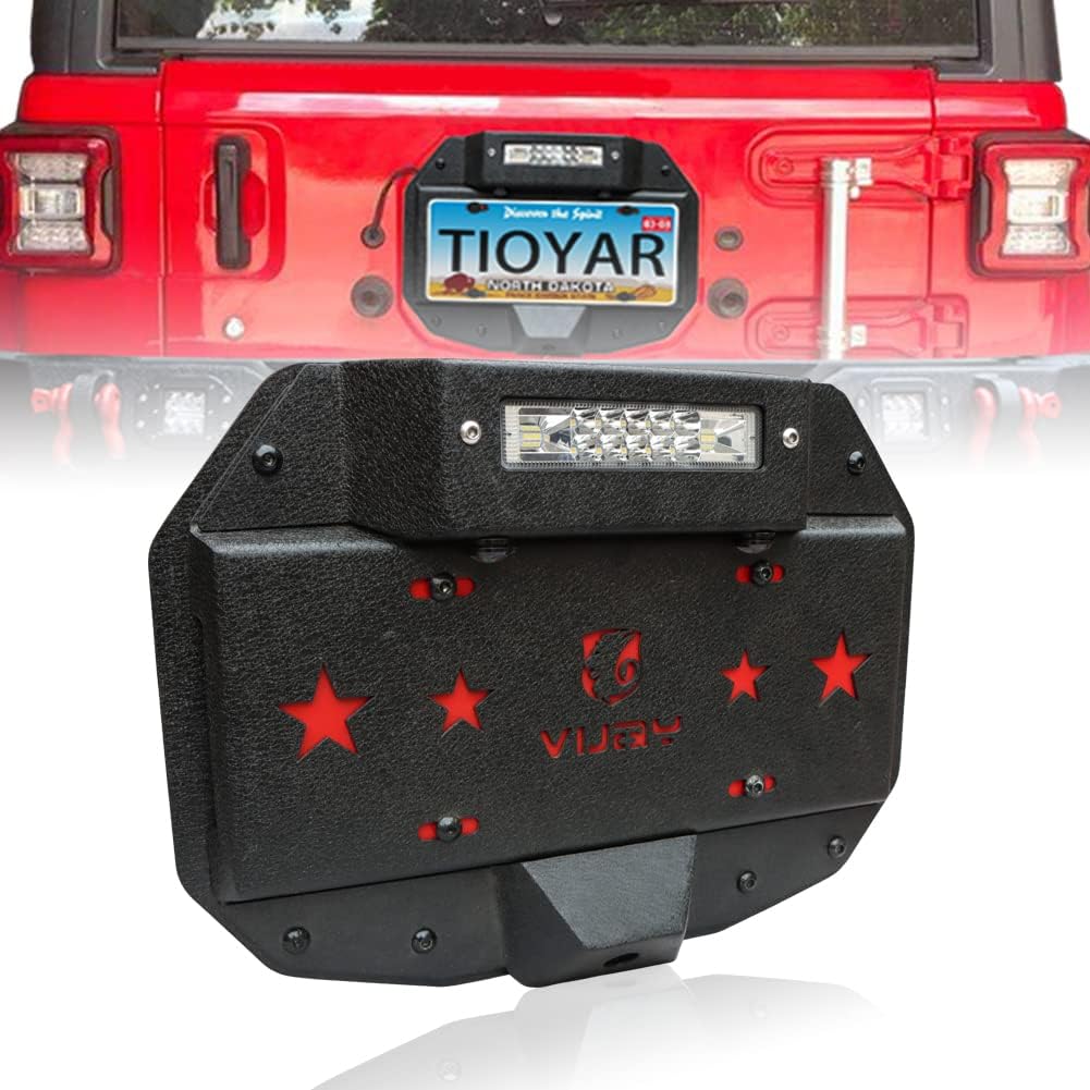TIOYAR Wrangler Spare Tire Delete License Plate Relocation Kit w/Plate Illuminate Light & Third Brake Light & Rear Camera Mounting Holes Compatible with 2018-2023 Jeep Wrangler JL JLU