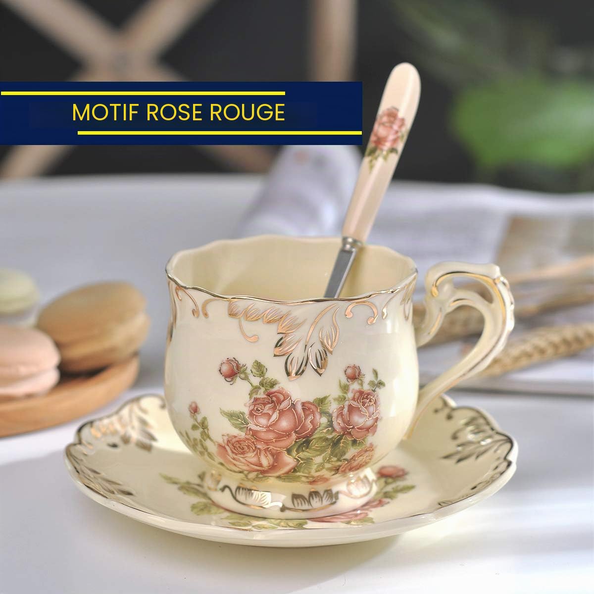 Yolife Floral Tasse à thé et Soucoupe Set, Vintage Ensemble de Service à thé 2 Cup Rose Pattern Ivoire