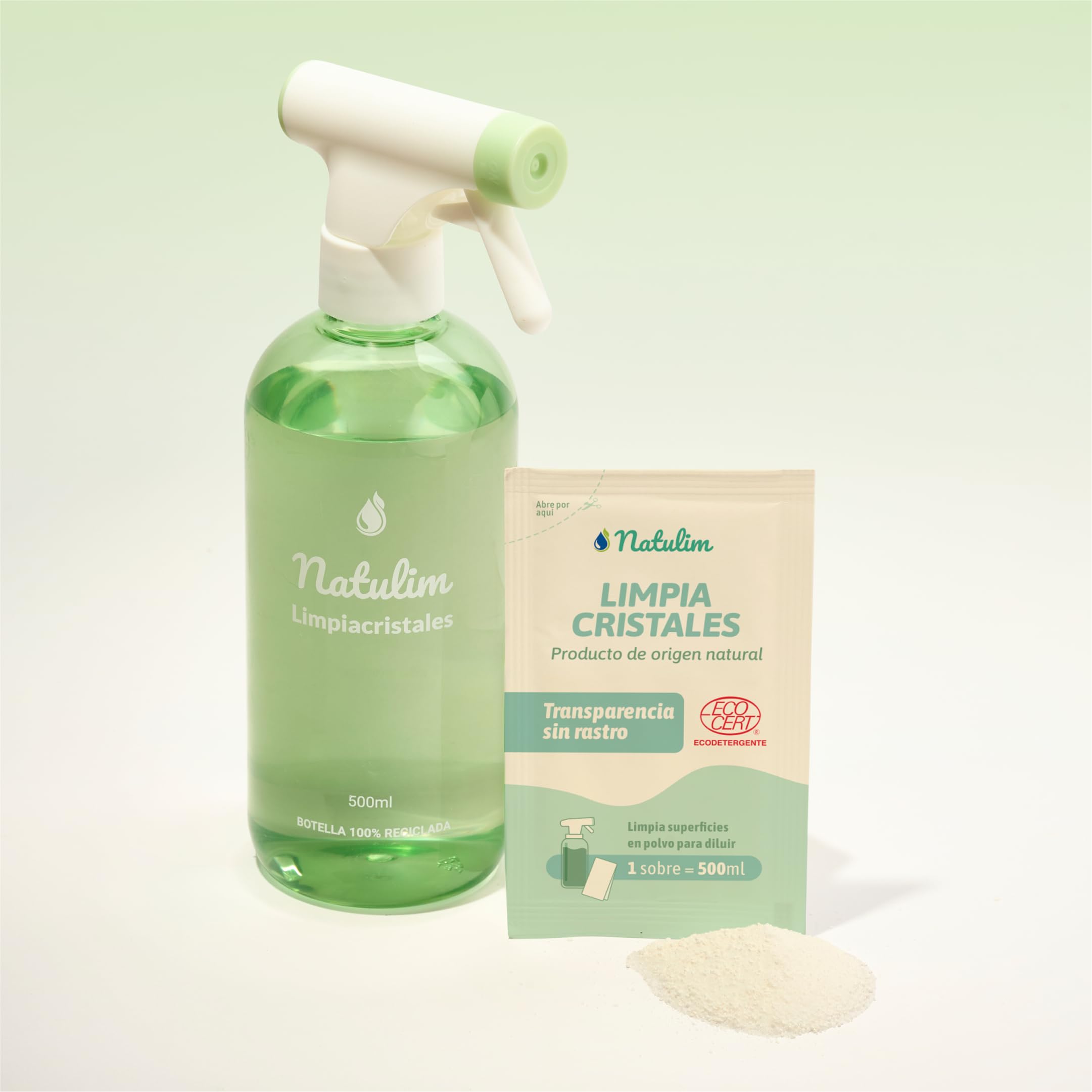 Natulim Confezione di detergenti per vetri – Pulizia profonda e senza traccia per superfici trasparenti – Set spray ricaricabile da 500 ml + 2 buste di ricarica (1 bustina = 500 ml).
