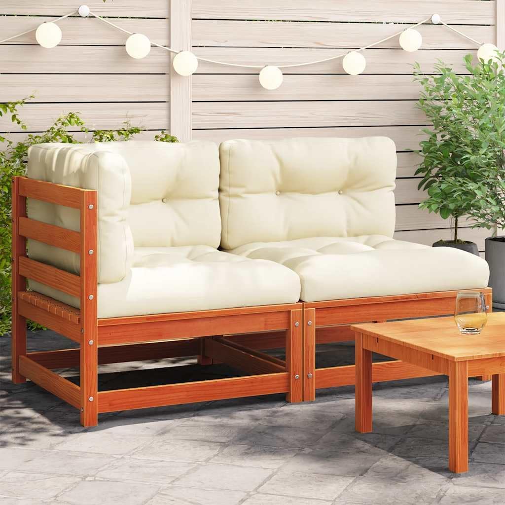 Rustic Wax Brown Loveseat with Cream Weather-Resistant Cushions, Solid Pine Wood Outdoor Patio Sofa for Balcony Garden, Modular Design and Removable Zipper Covers for Easy