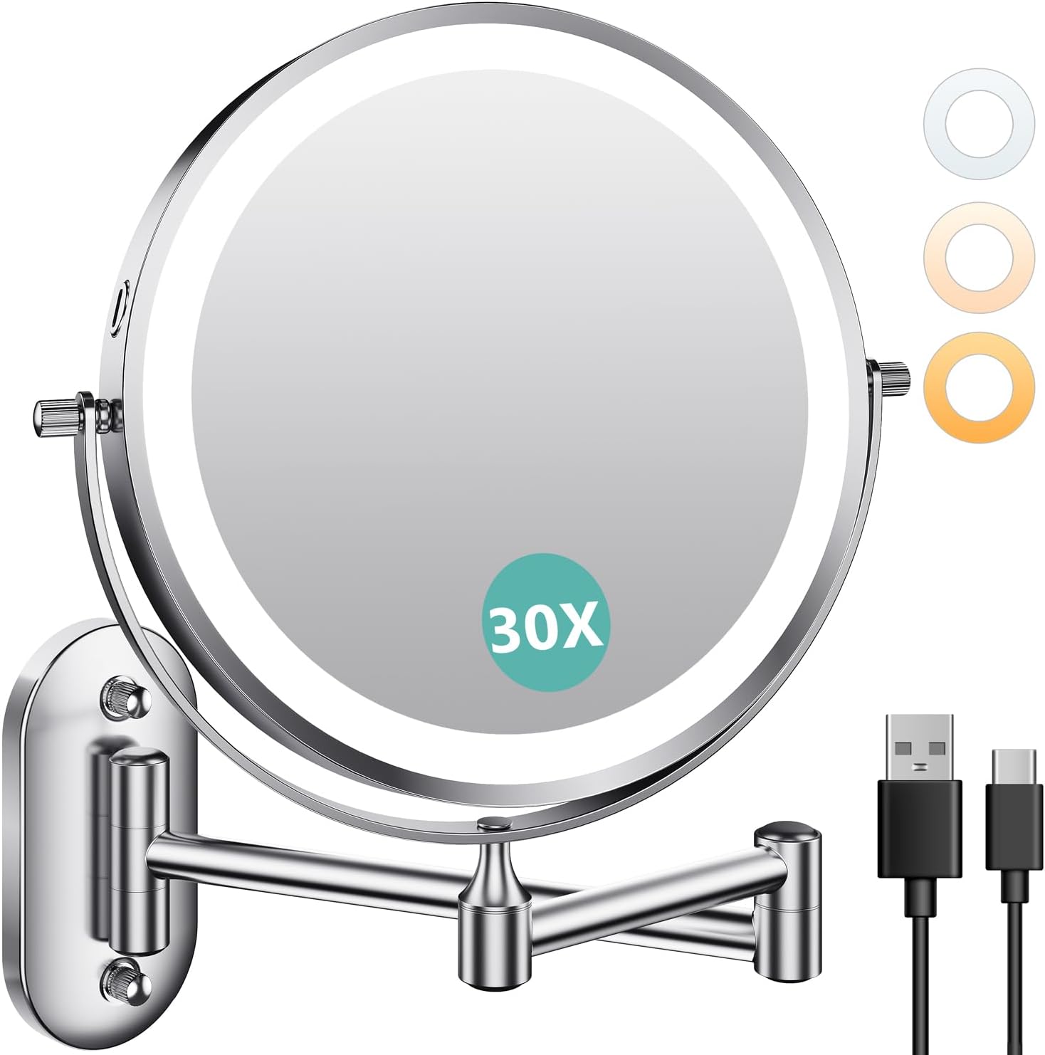 1X/30X Wall Mounted Makeup Mirror with Light, 8" Rechargeable Double-Sided Magnifying Mirror, Vanity Mirror Dimmable 3 Color Light, 360° Extension Rotation Foldable 14.5 Inch Arm, Chrome Chrome-usb-1x/30x