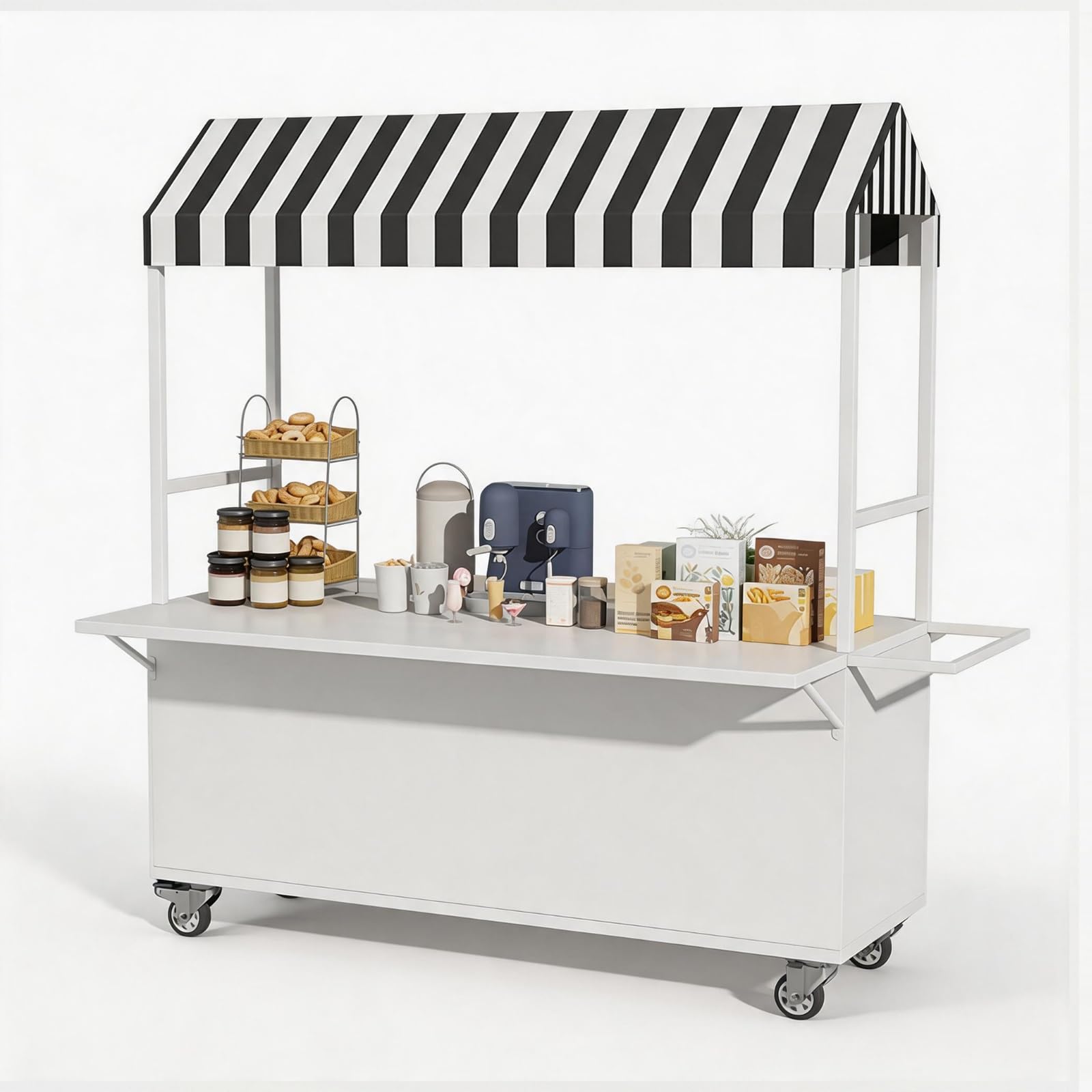 Carrello per alimenti da esterno con tettoia a righe, ruote bloccabili, piano del tavolo espandibile, carrello portatile in metallo per festival di strada, camion alimentari, eventi di catering