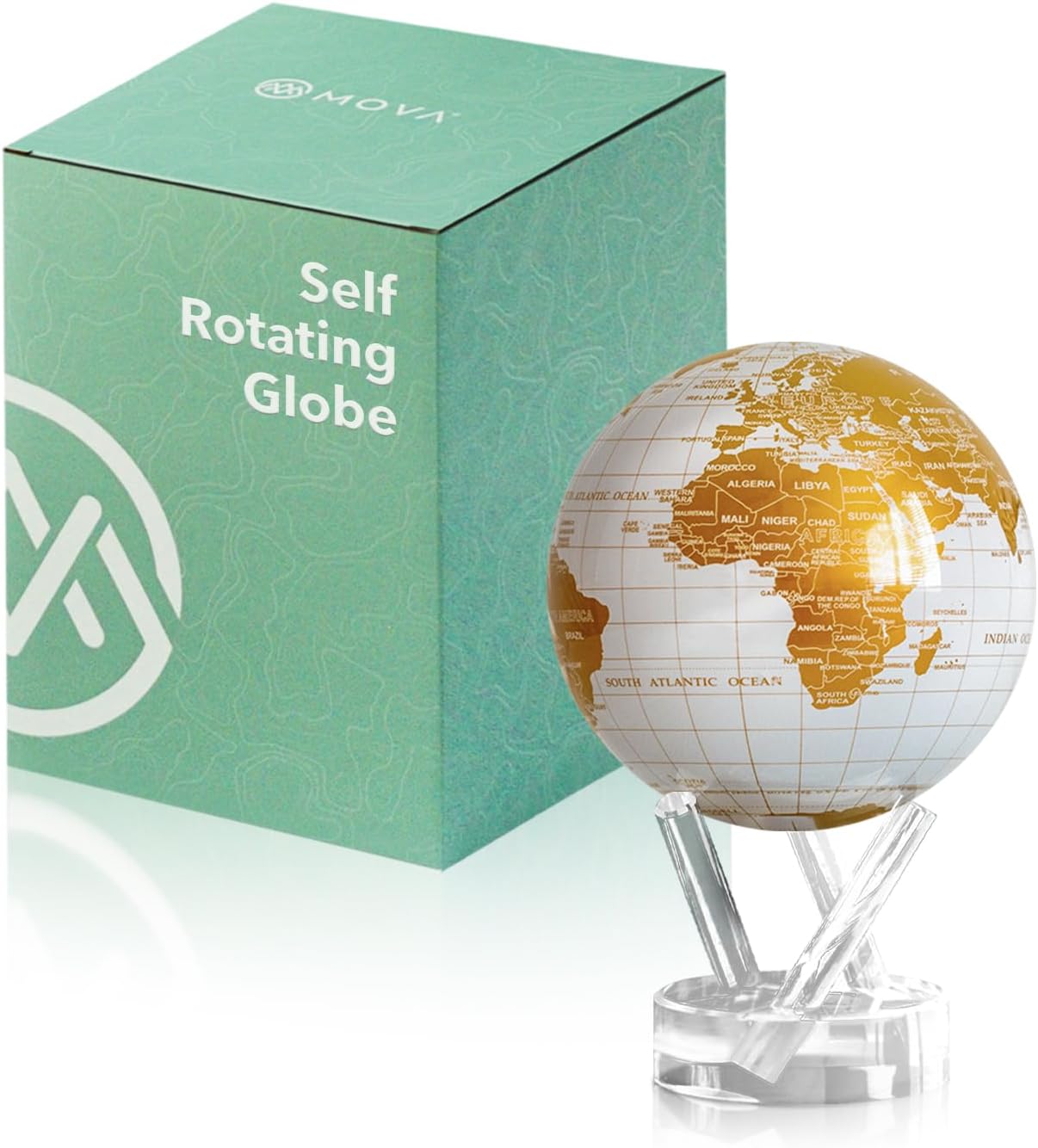 Globe - Pearl White and Gold Classic (4.5") | Solar-Powered Rotating World Globe for Desk | Elegant Modern Decor | No Batteries or Wires