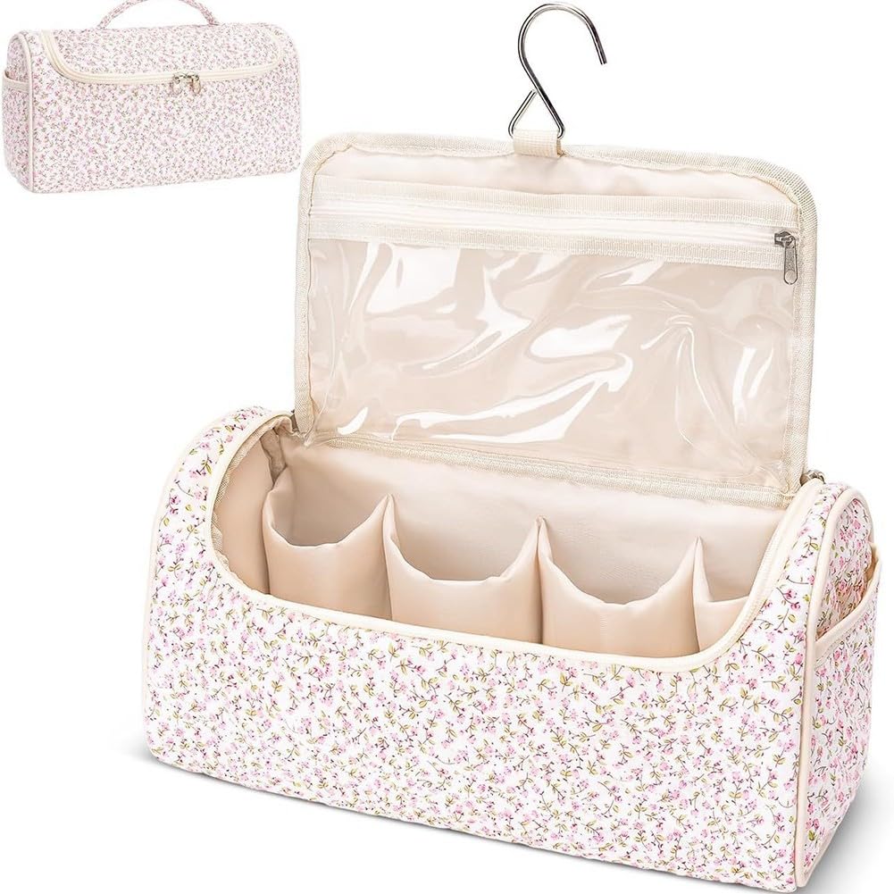 EasyByMall Custodia da viaggio portatile per parrucchieri e accessori, borsa da toilette sospesa con scomparti multipli, custodia organizer in poliestere per cosmetici ed elettronica, rosa