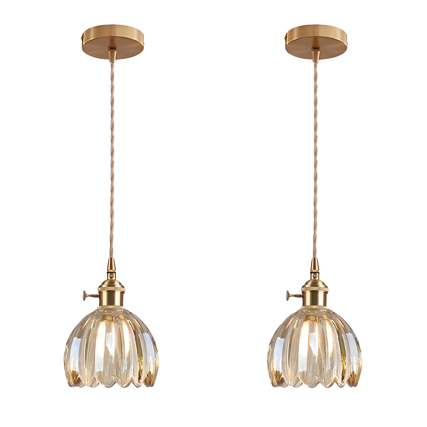 EKSED Vintage Glass Pendant Light with E27 Socket and Rotary Switch, Petal-Shaped Shade Hanging Ceiling Fixture for Kitchen Island, Dining Room (Amber, 2-Pack)