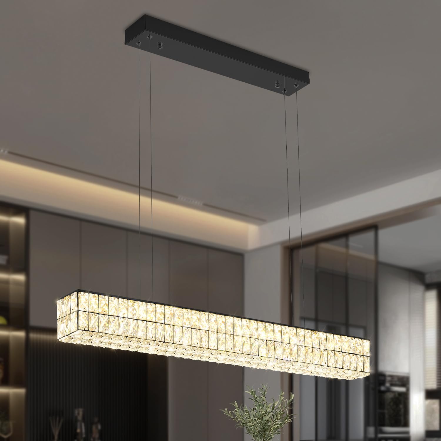 Dimmable Led Ring Chandelier for Dining Room, Modern Rectangle Crystal Pendant Lighting Kitchen Island,40in Black Linear Chandelier Hanging Light Over Table