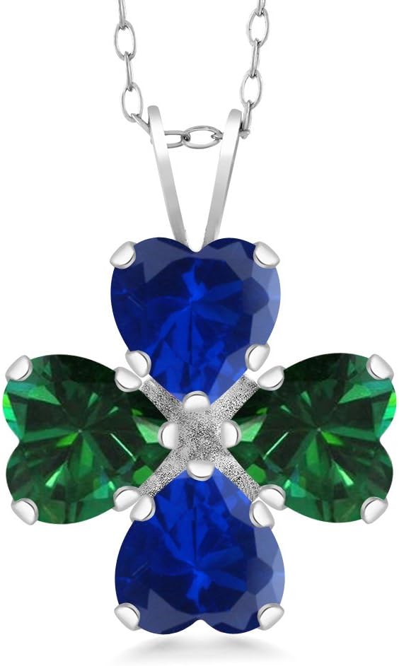 Gem Stone King 925 Sterling Silver Blue Created Sapphire and Green Nano Emerald 4 Heart Shape Gemstone September Birthstone Pendant Necklace For Women (2.96 Cttw, 6MM Heart, with 18 Inch Silver Chain)