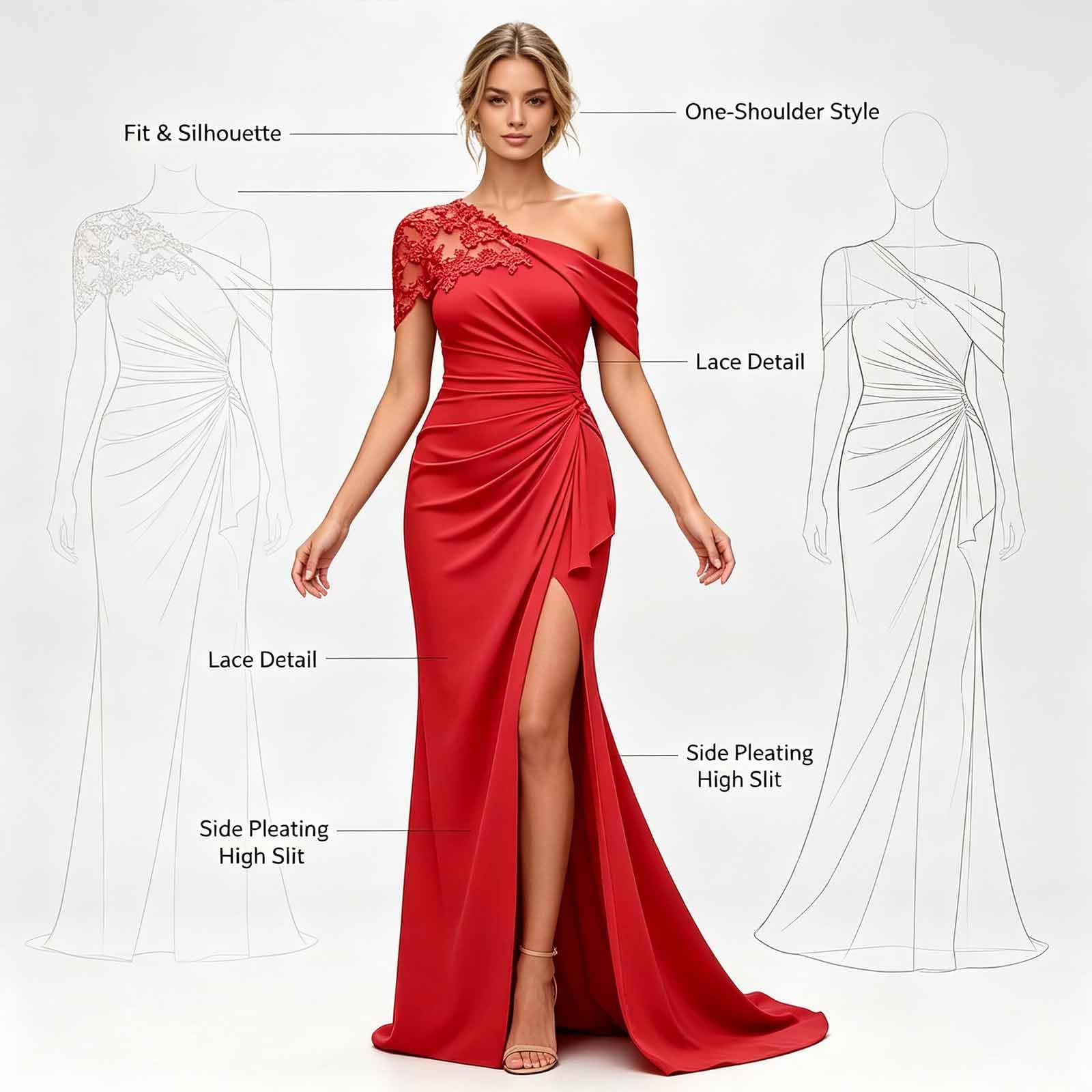 Sera Donna Vestito Sera Asimmetrico Chiffon Pizzo Lungo Matrimonio