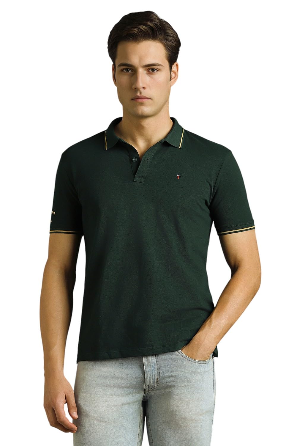 Men's Slim Fit 24s Single-Tuck Pique Stylized Sleeve Print and Contrast Tipping Half Sleeve Solid Polo T-Shirt