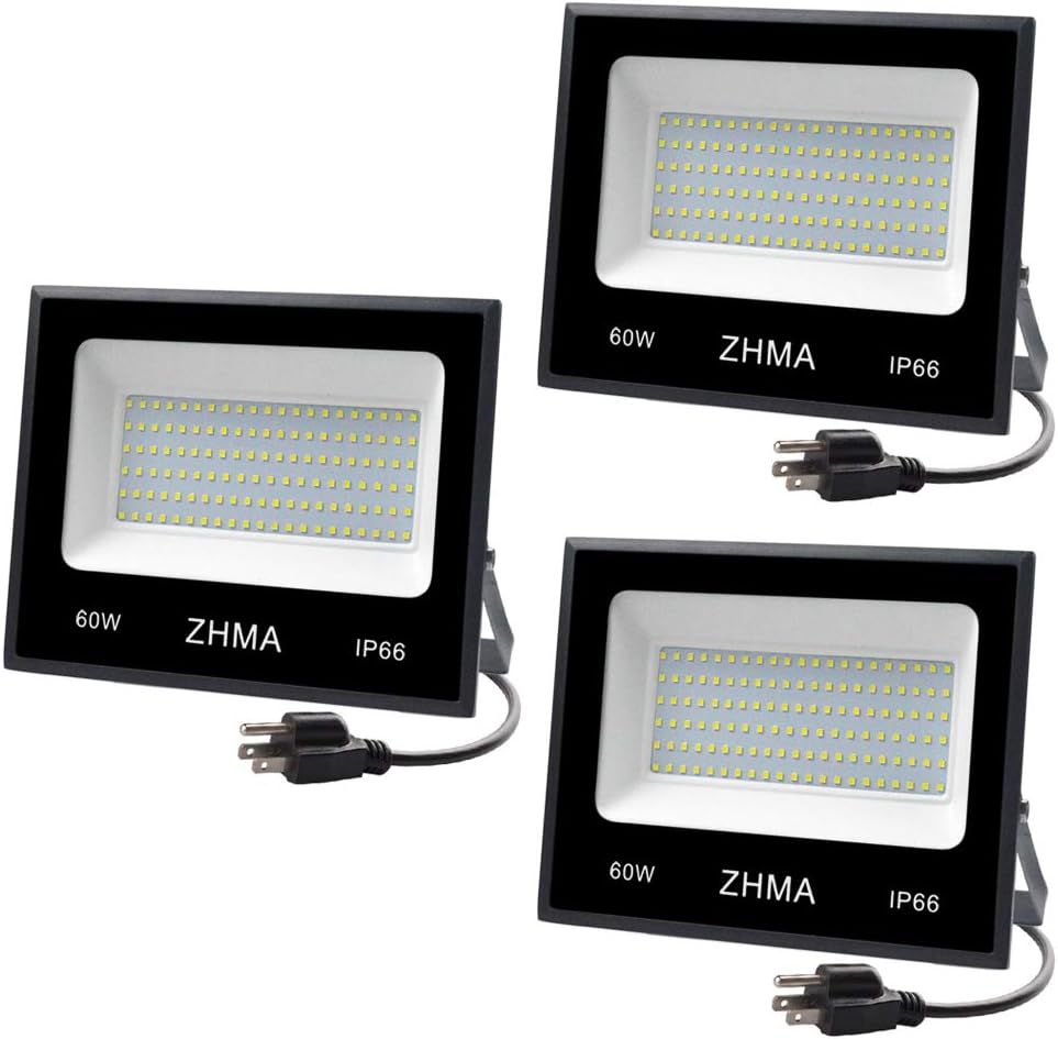 - 3 Pack 60W Led Flood Light, Outdoor Spotlight, Super Bright Work Light with Plug, IP66 Waterproof (White Light), 5400lm, 6500K, Garage, Backyard, Security Lights Outdoor