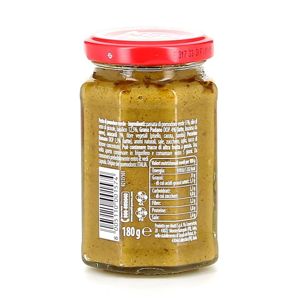 12x Mutti Pesto Verde Pomodori Verdi Grünes Tomatenpesto Pasta Sauce 100% italienische Tomate Glas 180g Würzsaucen mit Cashewnüssen, Grana Padano und Pecorino Romano