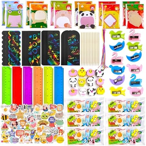 122 PCS Stationery Party Favors Stationery Set Back to School Supplies with Erasers Rulers Sticky Notes Pencil Sharpeners Stickers for Birthday Party Goodie Bags School Classroom Rewards Prizes Cover