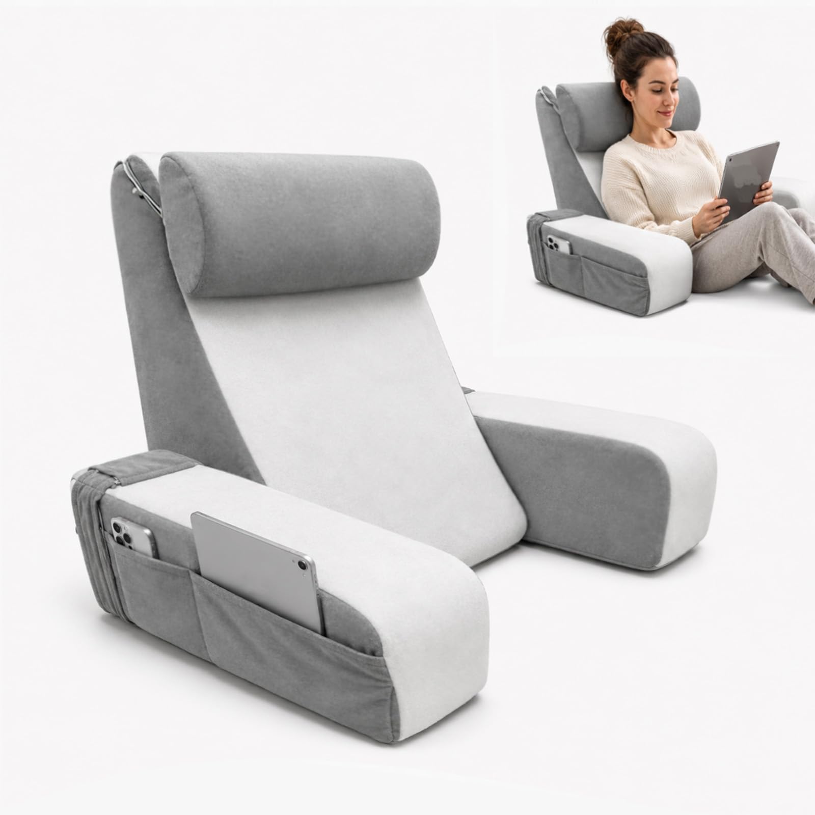 Cojín de lectura con cojín cervical y reposabrazos, gris y blanco, tela de felpa, bolsillos laterales, respaldo ergonómico, cojín de lectura, cojín de lectura y relajación, cojín de cuña