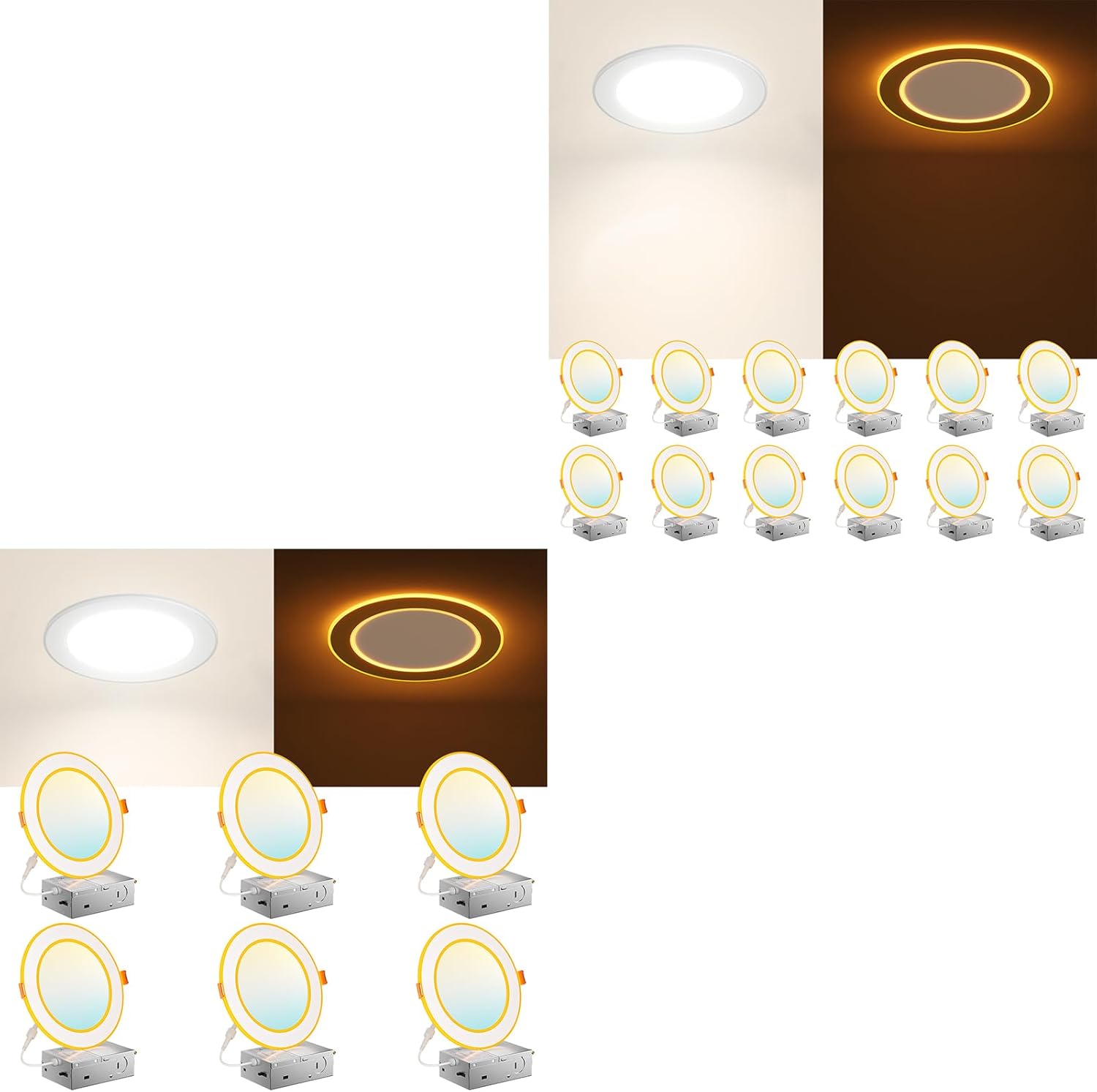 Amico 18 Pack 6 Inch 5CCT LED Recessed Ceiling Light with Double Ring Night Light, 2700-5000K Selectable Ultra-Thin Lighting, 12W=110W, 1100LM, Dimmable Canless Wafer Downlight, ETL, FCC