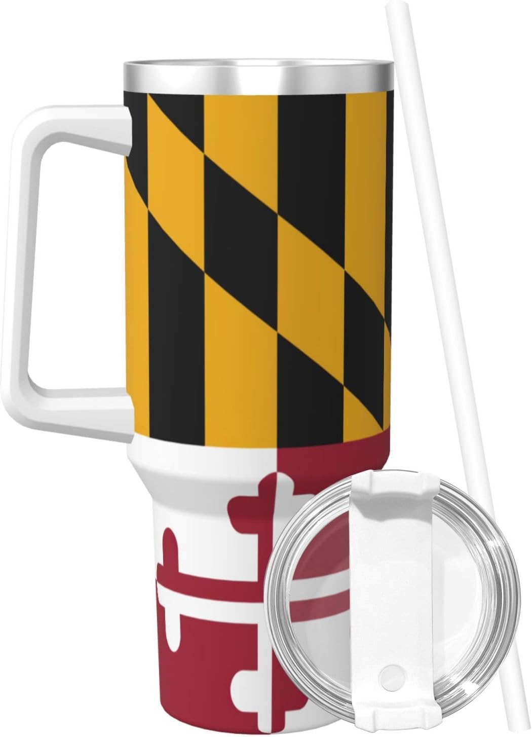 40 OZ Maryland State Flag Print Ice Bully Cup with Handle Straw Lid Straw,Stainless Steel Tumbler Coffee Cup