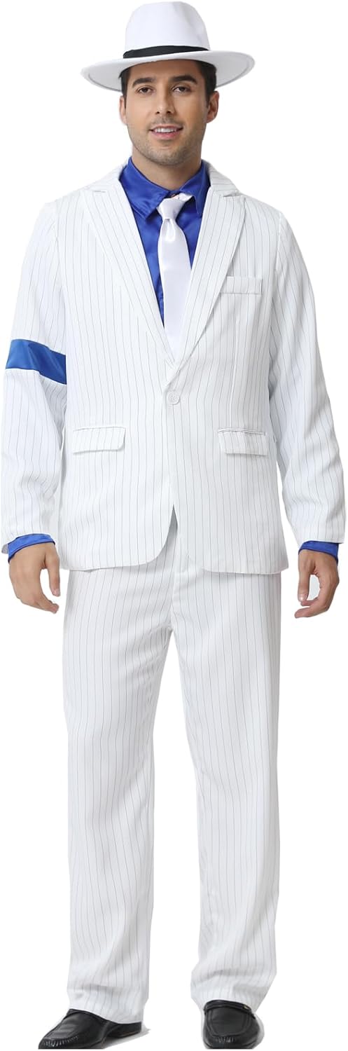 CHIGUO Men's White Striped Blue Armband Suit 70s Party Halloween Cosplay Costumes