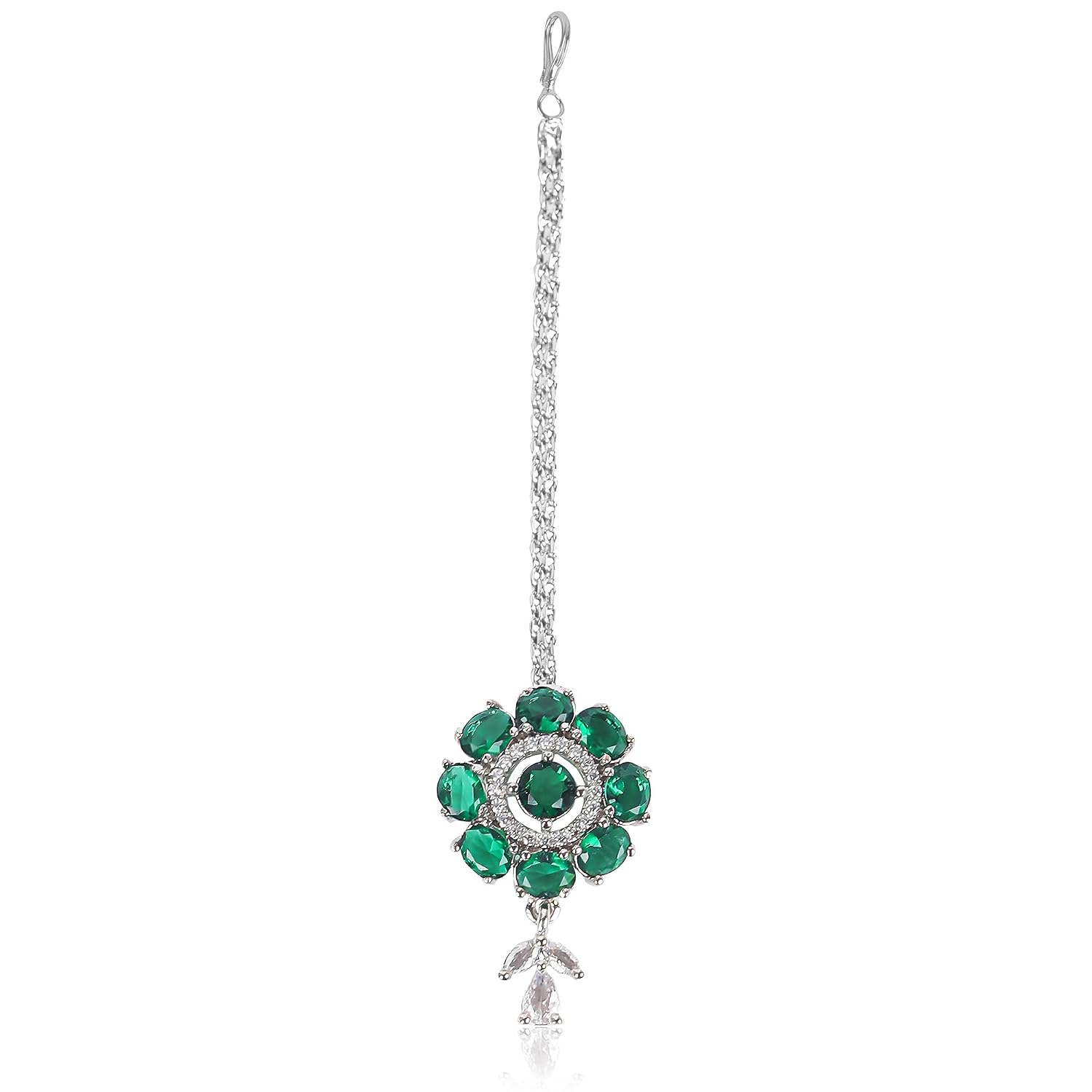 Tanaira Rhodium Plated Maang Tikka for Women – Green Crystal Studded Indian Maangteeka – Traditional Bridal Hair Jewelry for Wedding