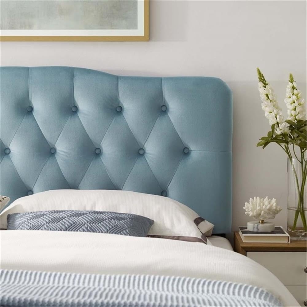 Pemberly Row King Diamond Tufted Performance Velvet Headboard, Light Blue, Height Adjustable 45-52.5 in, Stain-Resistant Upholstered Finish, Dense Foam Padding, Curved Silhouette for Master or Guest