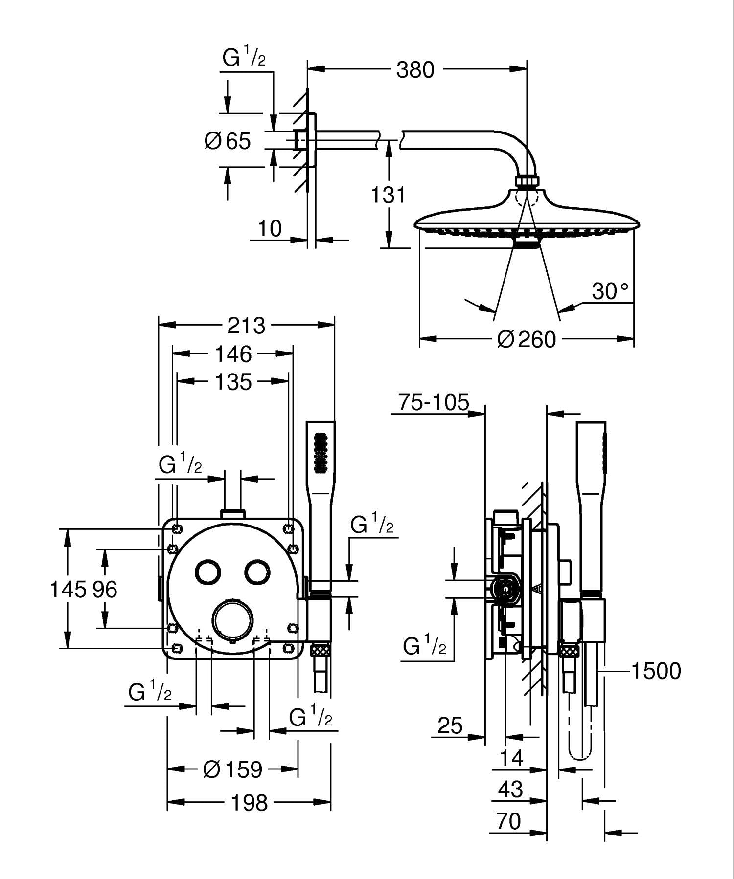 GROHE Precision SmartControl Sistema Doccia da Incasso, Termostato 2 Vie, Soffione Vitalio Joy 260, Manopola Vitalio Get Stick, Finitura Rotonda, Cromo, 34878000