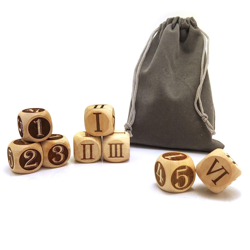 20MM Wood Dice Set Creative Design Roman N Arabic Number Pattern Wooden Rolling Dices Set Party Game Roll Decider 4PCS(ANS2)+4PCS(RN)