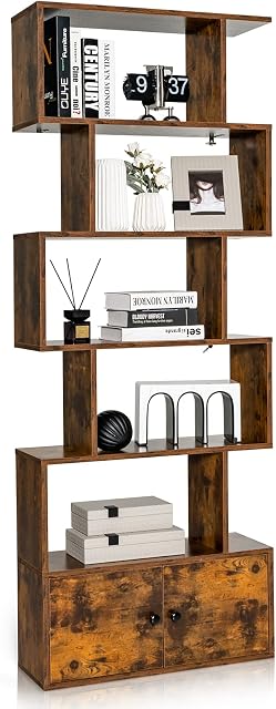 COSTWAY Wooden Bookcase, 5/6-Tier S-Shaped Storage Bookshelf with Cabinet, Freestanding Tall Display Shelf Open Rack Shelving Unit Divider for Living Room, Bedroom and Office (Rustic Brown)